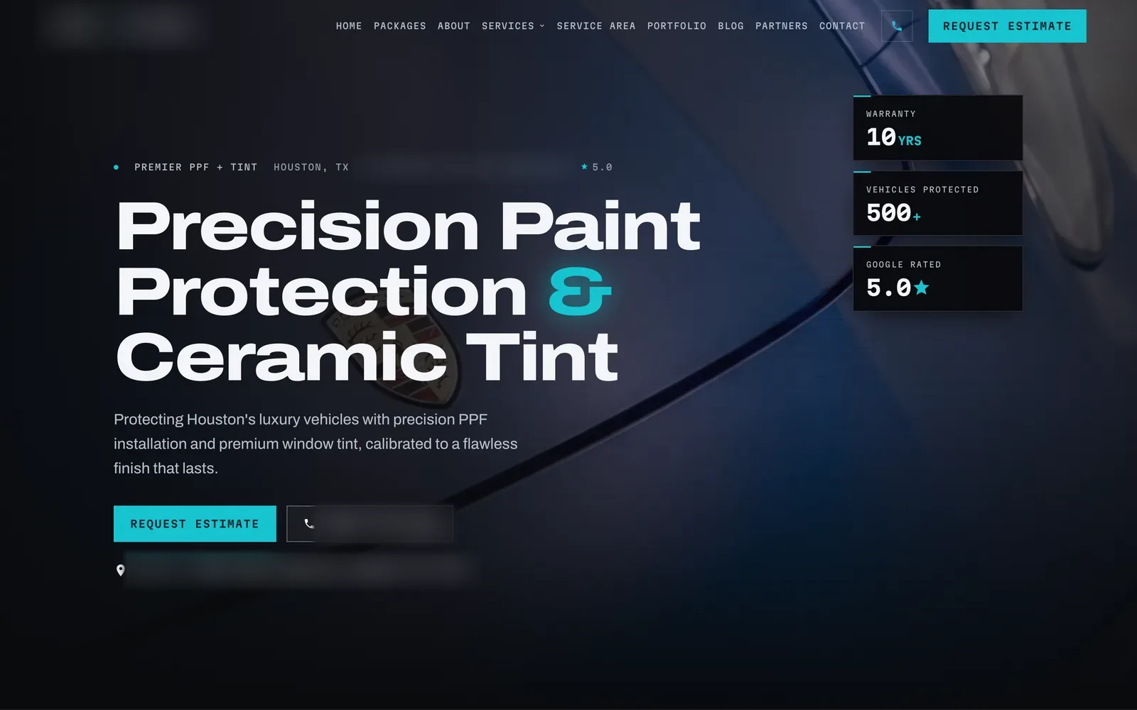 A Houston paint protection and tint shop website, first screen with the paint protection and ceramic tint headline and the estimate button, shop name blurred